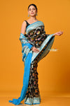 Suhaani PREMIUM~ Handloom Khaddi Georgette Saree With All Over Floral Jaal~ Classy Black with Blue - verymuchindian.com
