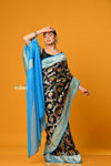 Suhaani PREMIUM~ Handloom Khaddi Georgette Saree With All Over Floral Jaal~ Classy Black with Blue - verymuchindian.com
