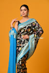 Suhaani PREMIUM~ Handloom Khaddi Georgette Saree With All Over Floral Jaal~ Classy Black with Blue - verymuchindian.com