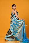 Suhaani PREMIUM~ Handloom Khaddi Georgette Saree With All Over Floral Jaal~ Classy Black with Blue - verymuchindian.com