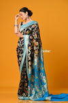 Suhaani PREMIUM~ Handloom Khaddi Georgette Saree With All Over Floral Jaal~ Classy Black with Blue - verymuchindian.com