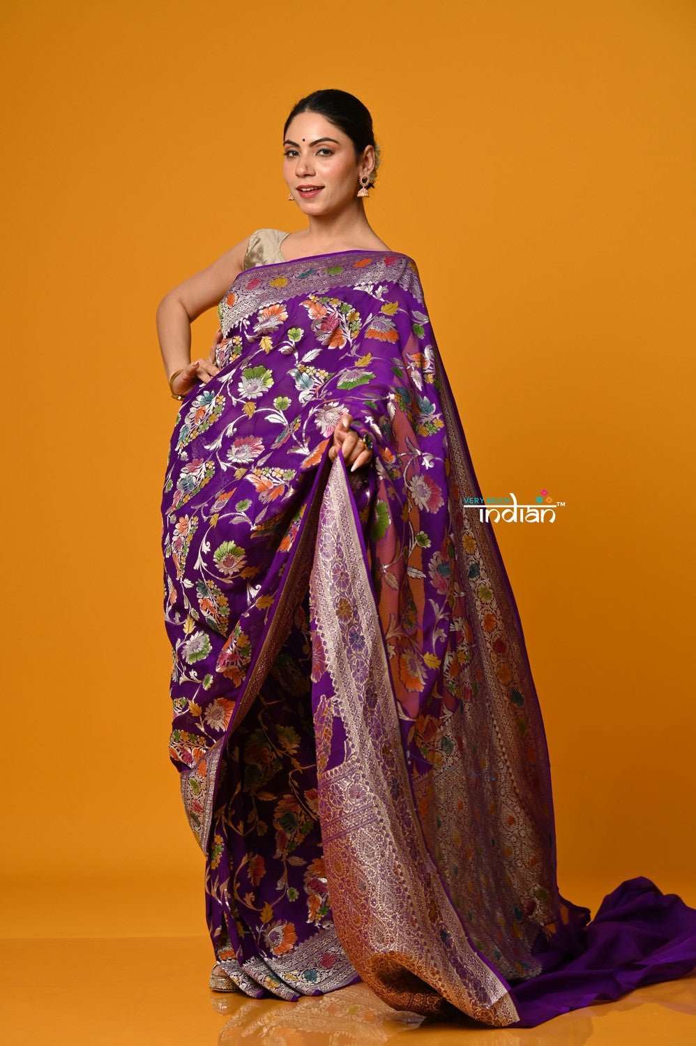 Suhaani Premium~ Handloom Khaddi Georgette Saree With All Over Floral Jaal~ Perfect Violet - verymuchindian.com