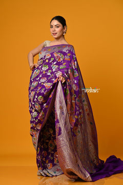 Suhaani Premium~ Handloom Khaddi Georgette Saree With All Over Floral Jaal~ Perfect Violet - verymuchindian.com