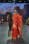 Swarajya ~ Times Fashion Week Exclusive ~ Exclusive Handloom Pure Silk Muniya Border Paithani With Tissue Lines and Grand Lotus Pallu ~ Red - verymuchindian.com