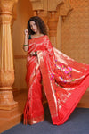 Swarajya ~ Times Fashion Week Exclusive ~ Exclusive Handloom Pure Silk Muniya Border Paithani With Tissue Lines and Grand Lotus Pallu ~ Red - verymuchindian.com