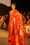 Swarajya ~ Times Fashion Week Exclusive ~ Exclusive Handloom Pure Silk Muniya Border Paithani With Tissue Lines and Grand Lotus Pallu ~ Red - verymuchindian.com