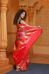 Swarajya ~ Times Fashion Week Exclusive ~ Exclusive Handloom Pure Silk Muniya Border Paithani With Tissue Lines and Grand Lotus Pallu ~ Red - verymuchindian.com