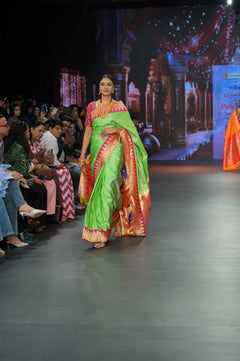 Swarajya ~ Times Fashion Week Exclusive ~ Handloom Pista Green Muniya Border Paithani With Grand Peacock Pallu - verymuchindian.com