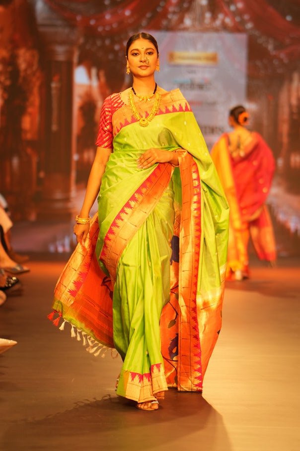 Swarajya ~ Times Fashion Week Exclusive ~ Handloom Pista Green Muniya Border Paithani With Grand Peacock Pallu - verymuchindian.com