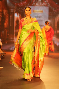 Swarajya ~ Times Fashion Week Exclusive ~ Handloom Pista Green Muniya Border Paithani With Grand Peacock Pallu - verymuchindian.com