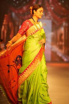 Swarajya ~ Times Fashion Week Exclusive ~ Handloom Pista Green Muniya Border Paithani With Grand Peacock Pallu - verymuchindian.com