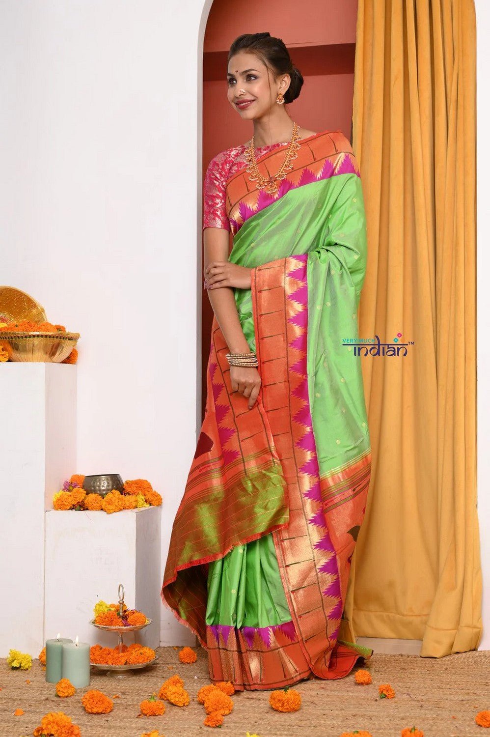 Swarajya ~ Times Fashion Week Exclusive ~ Handloom Pista Green Muniya Border Paithani With Grand Peacock Pallu - verymuchindian.com