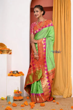 Swarajya ~ Times Fashion Week Exclusive ~ Handloom Pista Green Muniya Border Paithani With Grand Peacock Pallu - verymuchindian.com