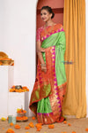 Swarajya ~ Times Fashion Week Exclusive ~ Handloom Pista Green Muniya Border Paithani With Grand Peacock Pallu - verymuchindian.com