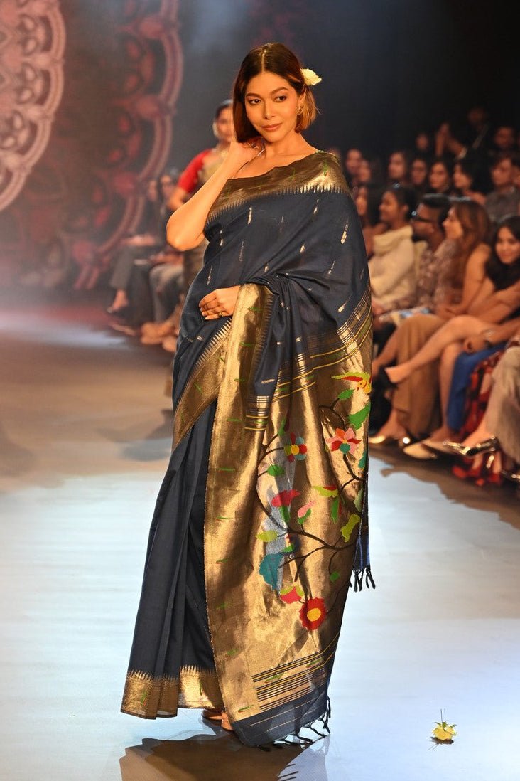 Swarajya ~ Times Fashion Week Exclusive ~ Handloom Pure Cotton Muniya Paithani with Baghicha Pallu In Blue - verymuchindian.com