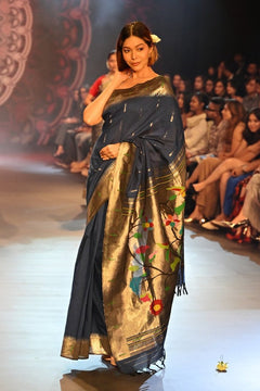 Swarajya ~ Times Fashion Week Exclusive ~ Handloom Pure Cotton Muniya Paithani with Baghicha Pallu In Blue - verymuchindian.com