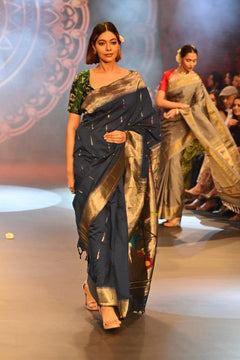 Swarajya ~ Times Fashion Week Exclusive ~ Handloom Pure Cotton Muniya Paithani with Baghicha Pallu In Blue - verymuchindian.com
