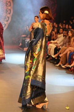 Swarajya ~ Times Fashion Week Exclusive ~ Handloom Pure Cotton Muniya Paithani with Baghicha Pallu In Blue - verymuchindian.com