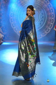 Swarajya ~ Times Fashion Week Exclusive ~ Handloom Pure Cotton Muniya Paithani with Baghicha Pallu In Blue - verymuchindian.com