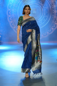 Swarajya ~ Times Fashion Week Exclusive ~ Handloom Pure Cotton Muniya Paithani with Baghicha Pallu In Blue - verymuchindian.com