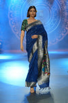 Swarajya ~ Times Fashion Week Exclusive ~ Handloom Pure Cotton Muniya Paithani with Baghicha Pallu In Blue - verymuchindian.com