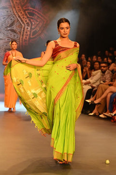 Swarajya ~ Times Fashion Week Exclusive ~ Handloom Pure Cotton Paithani With Pichwai Pallu~ Lime Green - verymuchindian.com