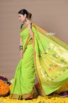 Swarajya ~ Times Fashion Week Exclusive ~ Handloom Pure Cotton Paithani With Pichwai Pallu~ Lime Green - verymuchindian.com