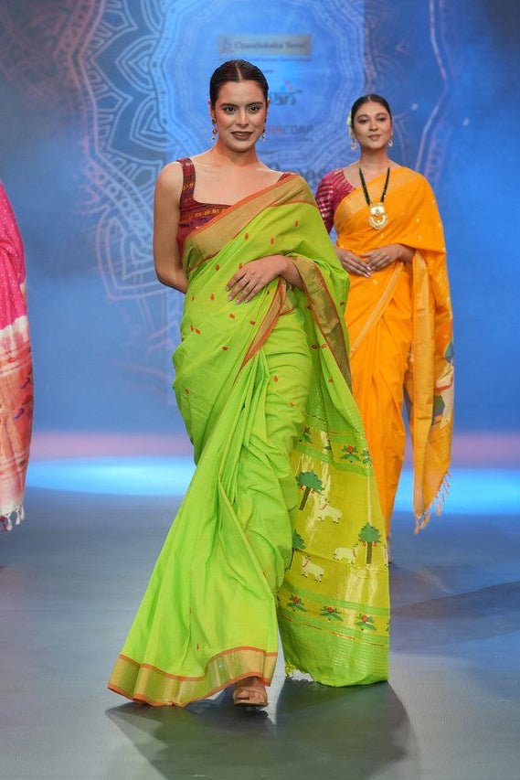 Swarajya ~ Times Fashion Week Exclusive ~ Handloom Pure Cotton Paithani With Pichwai Pallu~ Lime Green - verymuchindian.com