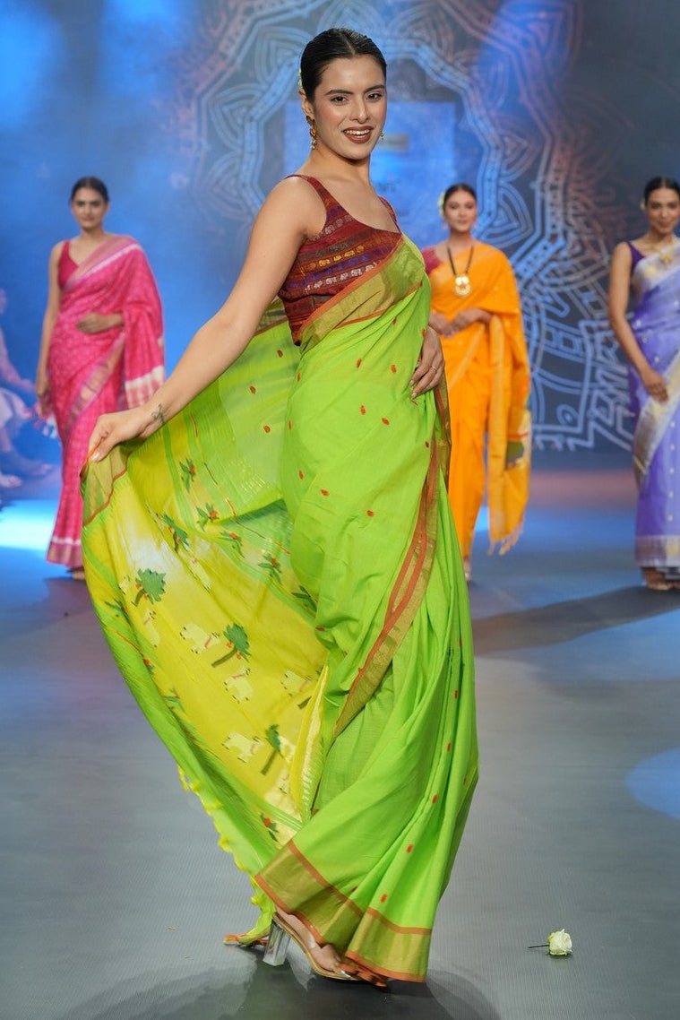 Swarajya ~ Times Fashion Week Exclusive ~ Handloom Pure Cotton Paithani With Pichwai Pallu~ Lime Green - verymuchindian.com