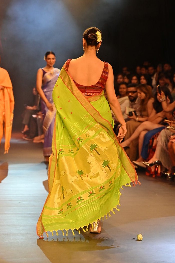 Swarajya ~ Times Fashion Week Exclusive ~ Handloom Pure Cotton Paithani With Pichwai Pallu~ Lime Green - verymuchindian.com