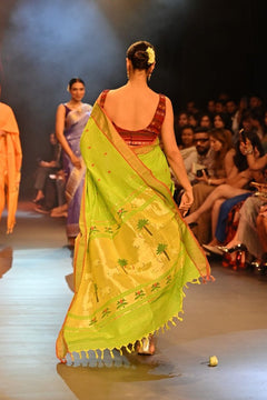 Swarajya ~ Times Fashion Week Exclusive ~ Handloom Pure Cotton Paithani With Pichwai Pallu~ Lime Green - verymuchindian.com