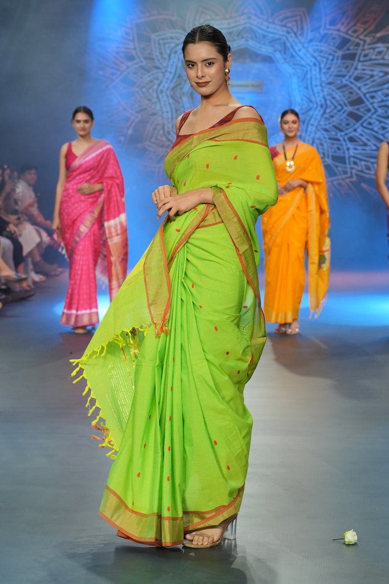 Swarajya ~ Times Fashion Week Exclusive ~ Handloom Pure Cotton Paithani With Pichwai Pallu~ Lime Green - verymuchindian.com