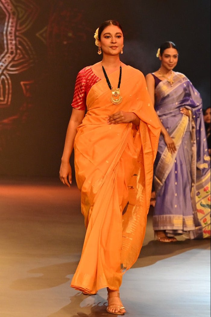 Swarajya ~ Times Fashion Week Exclusive ~ Handloom Pure Cotton Turmeric Yellow Paithani with Unique Radha Krishna Pallu - verymuchindian.com