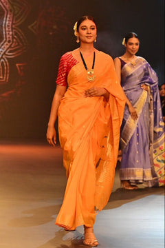 Swarajya ~ Times Fashion Week Exclusive ~ Handloom Pure Cotton Turmeric Yellow Paithani with Unique Radha Krishna Pallu - verymuchindian.com
