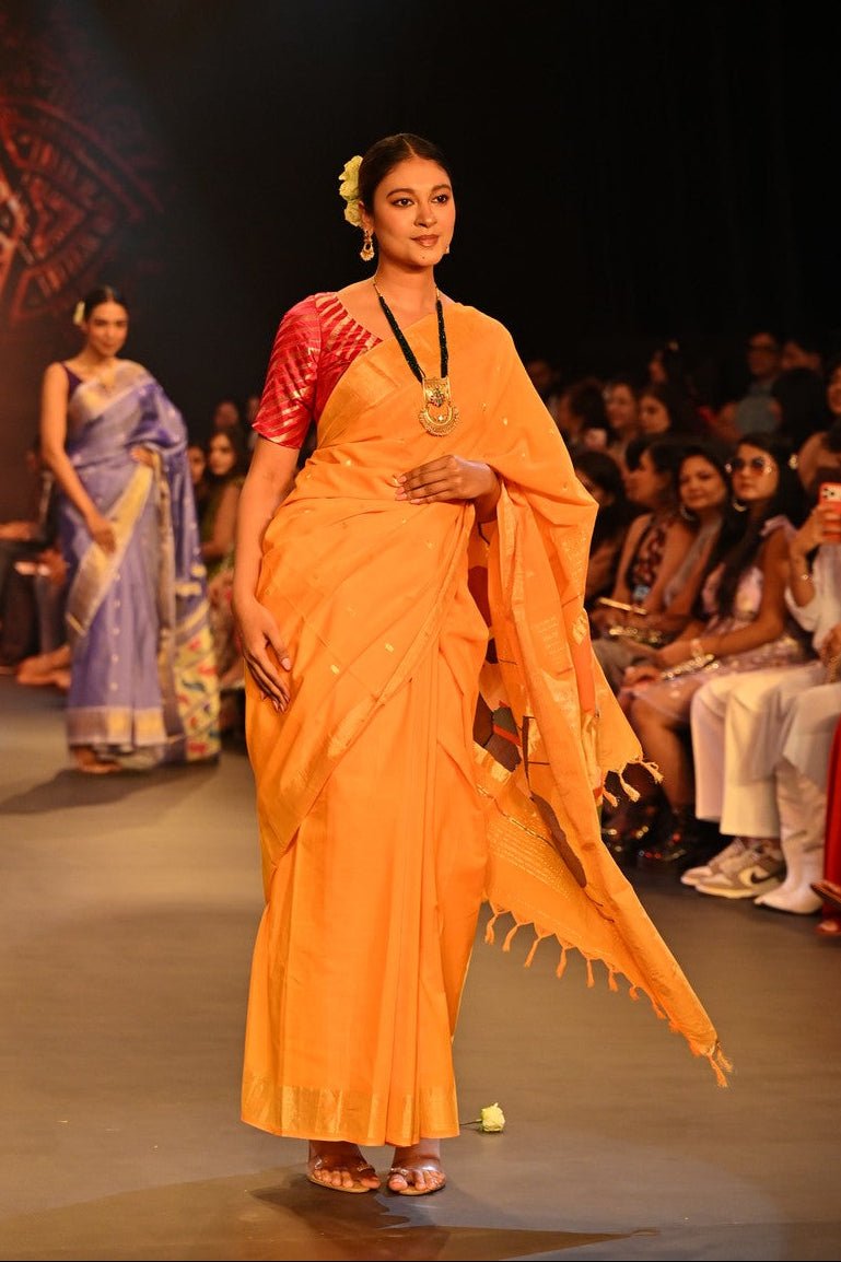 Swarajya ~ Times Fashion Week Exclusive ~ Handloom Pure Cotton Turmeric Yellow Paithani with Unique Radha Krishna Pallu - verymuchindian.com