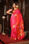 Swarajya ~ Times Fashion Week Exclusive ~ Handloom Pure Silk Asawali Muniya Border Saree With Handcrafted Parrot Pallu in Pink - verymuchindian.com