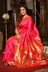 Swarajya ~ Times Fashion Week Exclusive ~ Handloom Pure Silk Asawali Muniya Border Saree With Handcrafted Parrot Pallu in Pink - verymuchindian.com