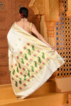 Swarajya ~ Times Fashion Week Exclusive ~ Handloom Pure Silk Nauvari Paithani with Lotus and Peacock Pallu in White - verymuchindian.com