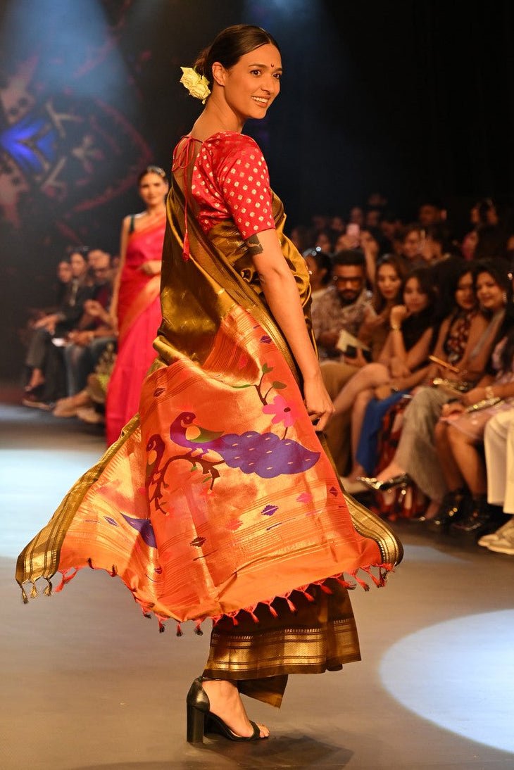 Swarajya ~ Times Fashion Week Exclusive ~ Handloom Pure Silk Paithani in Peacock Pallu in Mehendi Green - verymuchindian.com