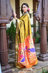 Swarajya ~ Times Fashion Week Exclusive ~ Handloom Pure Silk Paithani in Peacock Pallu in Mehendi Green - verymuchindian.com