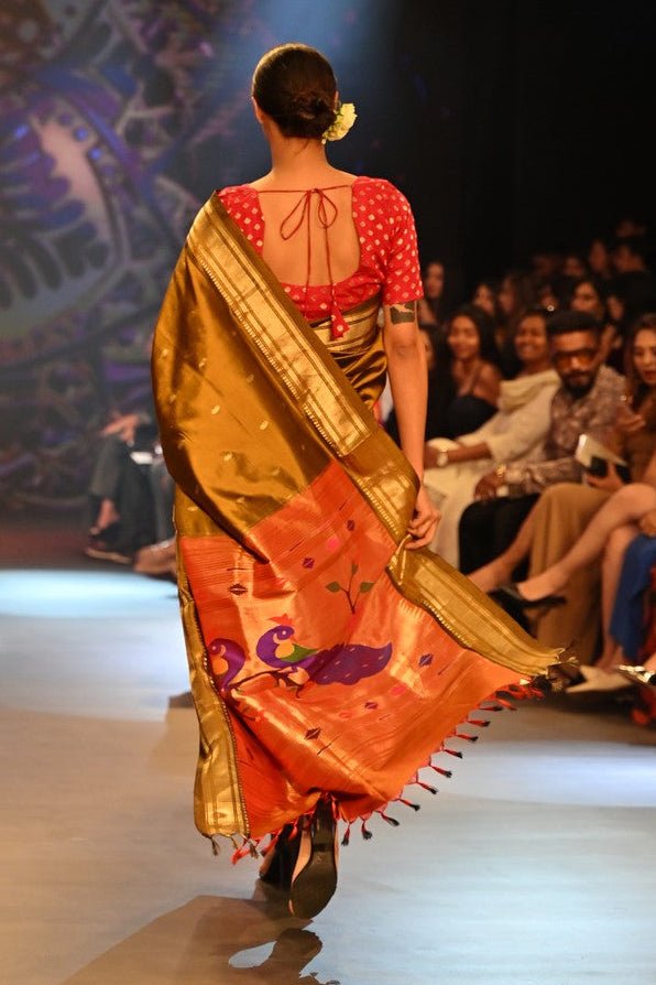 Swarajya ~ Times Fashion Week Exclusive ~ Handloom Pure Silk Paithani in Peacock Pallu in Mehendi Green - verymuchindian.com