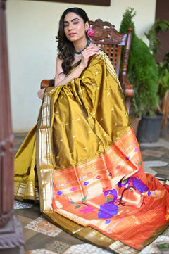 Swarajya ~ Times Fashion Week Exclusive ~ Handloom Pure Silk Paithani in Peacock Pallu in Mehendi Green - verymuchindian.com