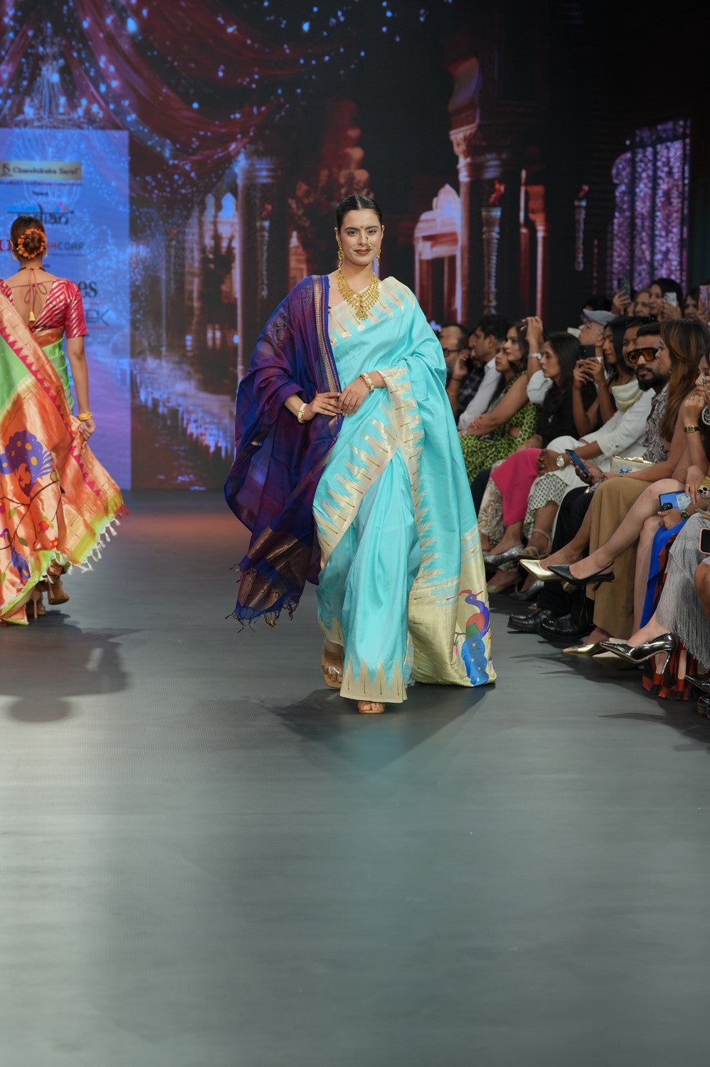 Swarajya ~ Times Fashion Week Exclusive ~ Handloom Pure Silk Paithani in Regal Sky Blue with Timeless Temple Muniya Border - verymuchindian.com