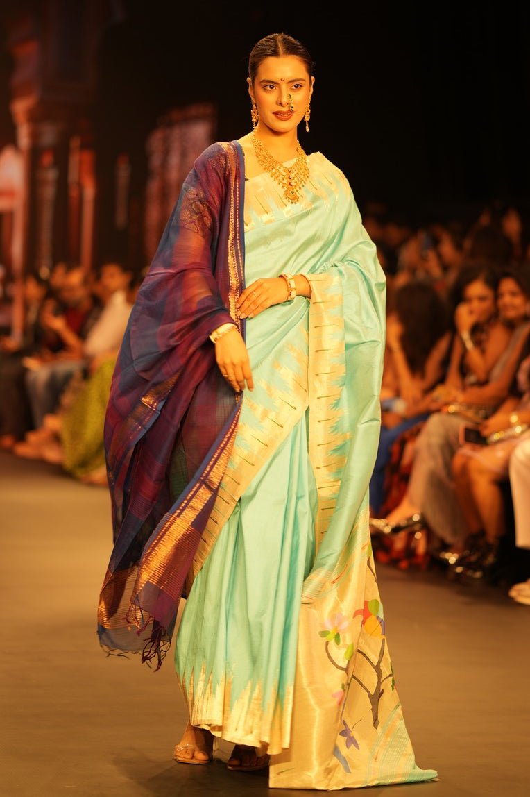 Swarajya ~ Times Fashion Week Exclusive ~ Handloom Pure Silk Paithani in Regal Sky Blue with Timeless Temple Muniya Border - verymuchindian.com