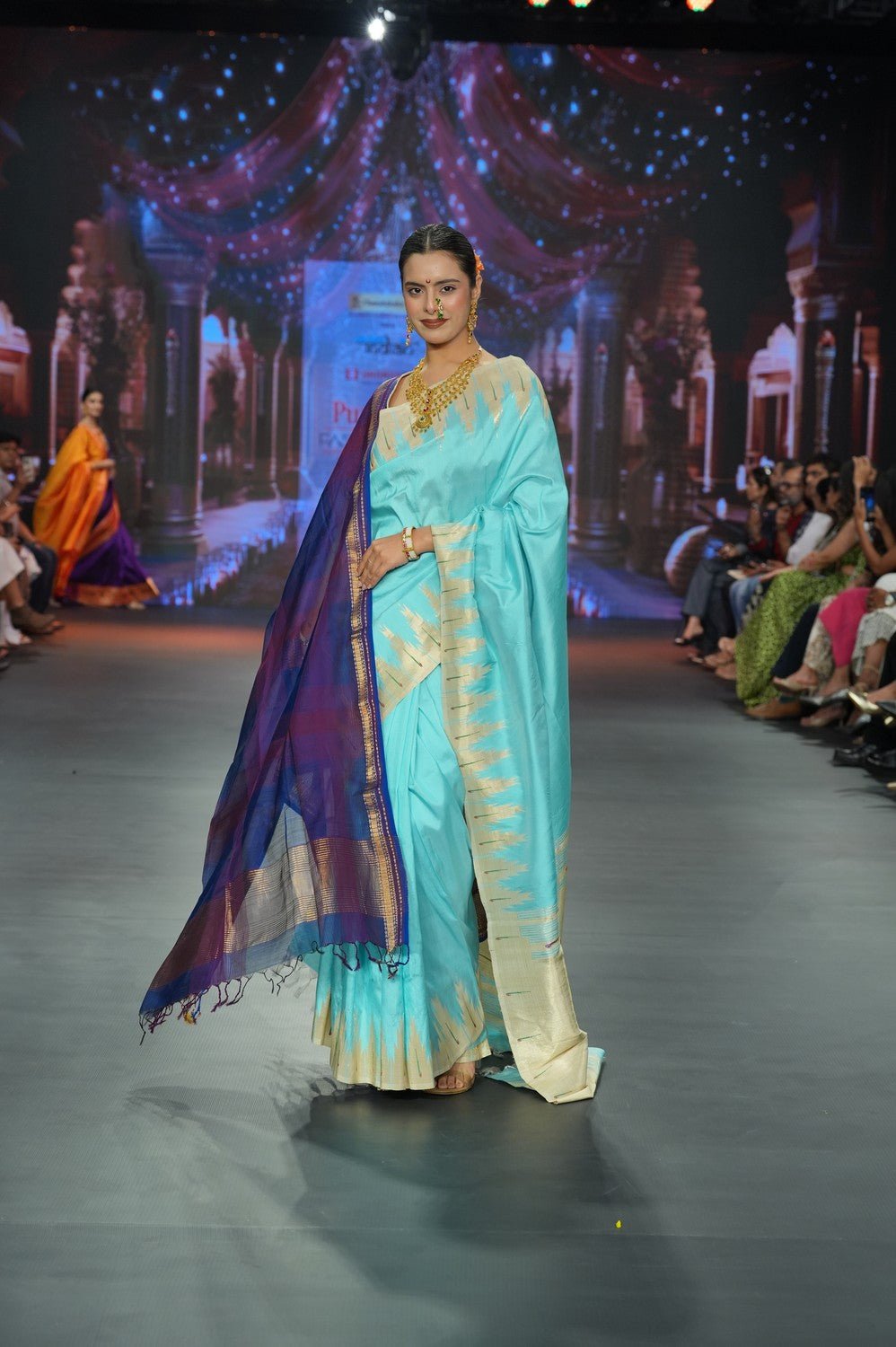 Swarajya ~ Times Fashion Week Exclusive ~ Handloom Pure Silk Paithani in Regal Sky Blue with Timeless Temple Muniya Border - verymuchindian.com