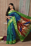 Swarajya ~ Times Fashion Week Exclusive ~ Handloom Pure Silk Paithani Saree with Handcrafted Peacock Pallu In Dual Tone Blue Green - verymuchindian.com