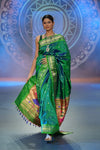 Swarajya ~ Times Fashion Week Exclusive ~ Handloom Pure Silk Paithani Saree with Handcrafted Peacock Pallu In Dual Tone Blue Green - verymuchindian.com
