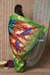 Swarajya ~ Times Fashion Week Exclusive ~ Handloom Pure Silk Paithani Saree with Handcrafted Peacock Pallu In Dual Tone Blue Green - verymuchindian.com
