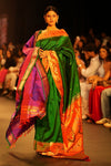 Swarajya ~ Times Fashion Week Exclusive ~ Handloom Pure Silk Paithani with Asawali Pallu and Asawali border in Royal Green - verymuchindian.com