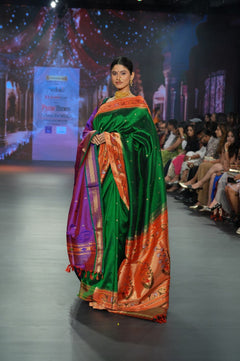 Swarajya ~ Times Fashion Week Exclusive ~ Handloom Pure Silk Paithani with Asawali Pallu and Asawali border in Royal Green - verymuchindian.com